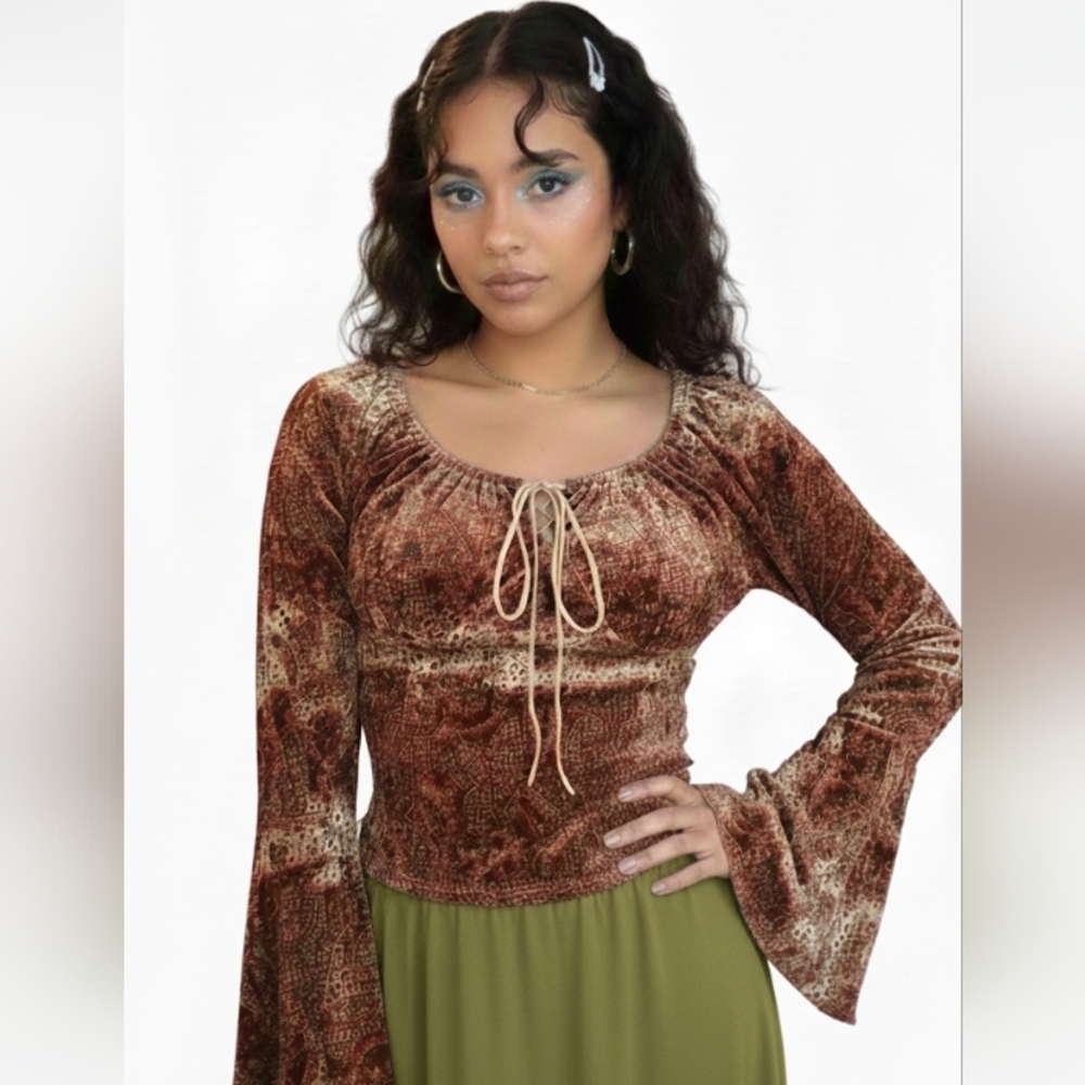 Thrill Womens Y2K Forest Fairy Velvet Babydoll Peasant Top Large Bohemian Vtg